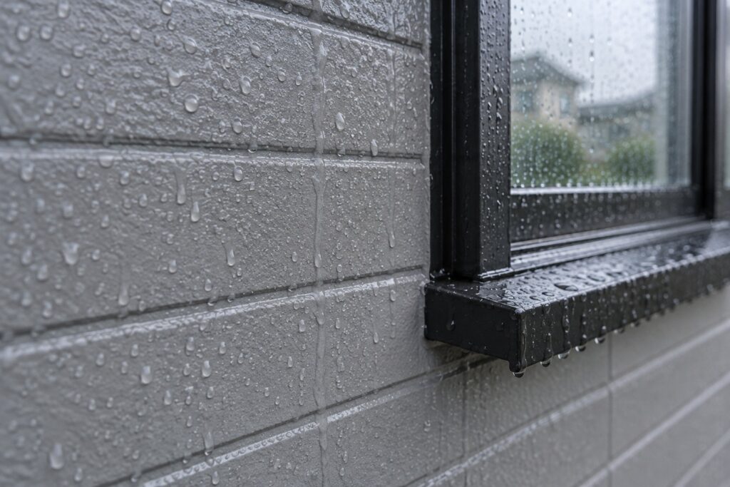 雨に濡れた外壁と窓まわり