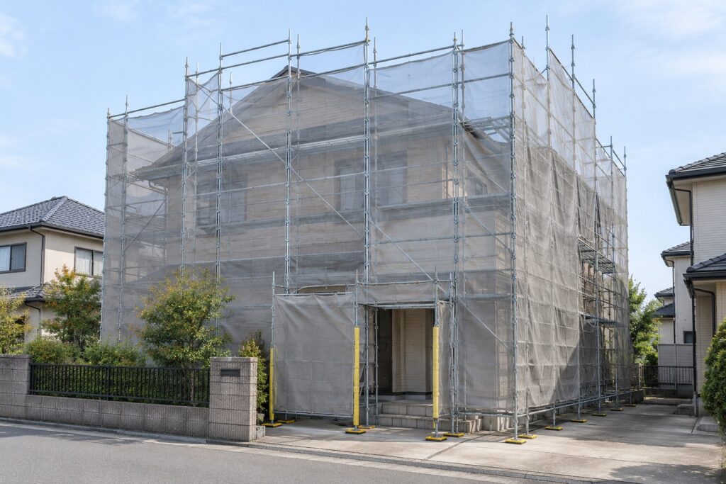 足場とメッシュシートで覆われた塗装工事中の住宅