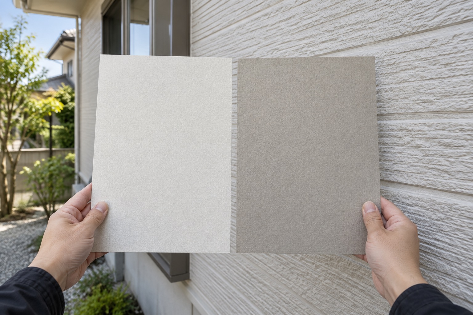 外壁塗装の色見本を並べて確認している様子